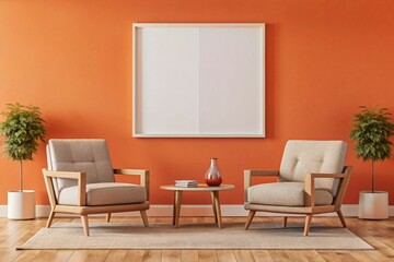 Two armchairs in room with white wall and big frame poster on it. Scandinavian style interior design of modern living room