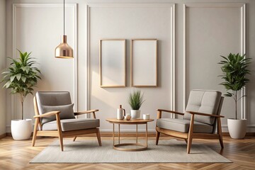 Fototapeta premium Two armchairs in room with white wall and big frame poster on it. Scandinavian style interior design of modern living room