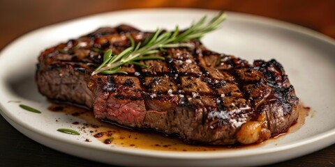 A mouthwatering ribeye steak rests on the plate, showcasing a perfectly seared exterior that conceals a succulent and tender interior.