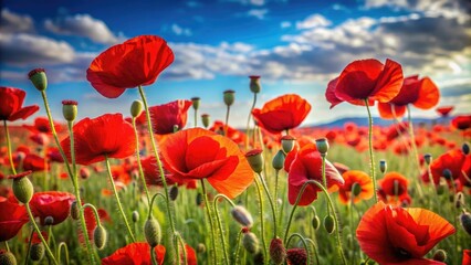 Naklejka premium Field of vibrant red poppies swaying in the wind, poppy, flower, field, nature, red, vibrant, plant, landscape, beauty, bloom