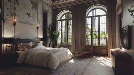 Fototapeta premium Luxurious Bedroom with Large Windows and Garden Views