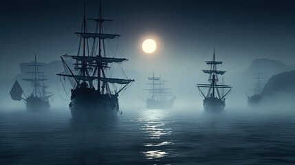 A ghostly fleet of ships drifting silently through a vast, sea of mist under a full moon, with eerie shadows and faint glows.