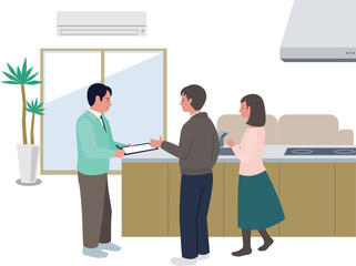 リビングダイニンングキッチンでリフォームの打ち合わせをする業者の男性と若い夫婦のベクターイラスト