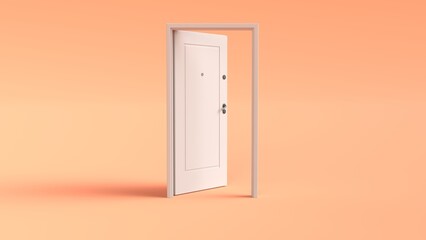 Opening door white door. Peach Fuzz background color. 3D rendering
