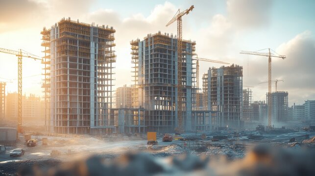 a 3d rendering of a building under construction with cranes and other construction equipment, fully built buildings, construction site, construction yard, complex 3d render.