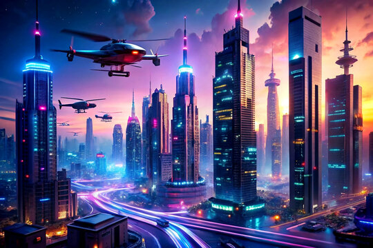 Futuristic Flying Cars in High-Tech Neon Cityscape with Speeding Light Trails