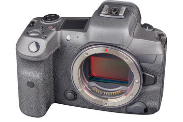 black 2020s professional 35mm full-frame mirrorless camera body with flip screen isolated on white...