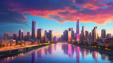 Fototapeta premium An urban skyline at dusk with illuminated skyscrapers, city lights reflecting on the river, and a vibrant mix of colors in the sky. Ideal for showcasing modern cityscapes, nightlife, and architectural
