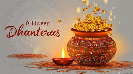 Happy Dhanteras Celebration Background with Floral Garland, Oil Lamps and Golden Coins in a Mud Pot