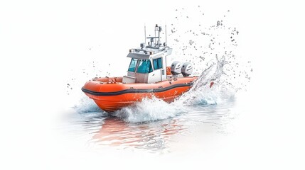 Naklejka premium Courageous Rescue Boat Maneuvering Through Floodwaters on a Clean White Background