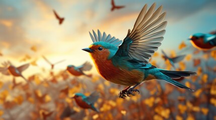 Fototapeta premium photo a group of colorful birds are flying