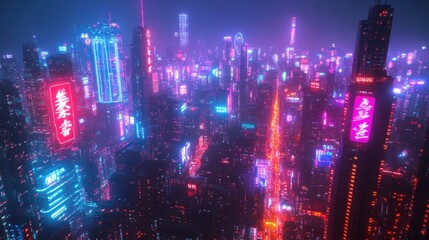 Fototapeta premium A rooftop scene in a city with glowing neon signs, distant skyscrapers in the nightlife