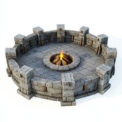 Obraz premium 3D Render of a circular stone gathering hall with a central fire, on isolated white background