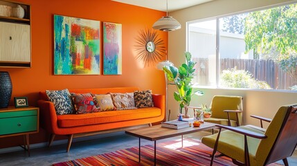 Fototapeta premium 70s Retro Living Room: Bright Orange Walls, Vintage Furniture, and Abstract Art - Perfect for a Sporty Interior Poster or Nostalgic Home Decor!