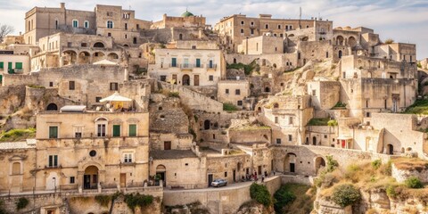 Fototapeta premium Ancient cave dwellings in Matera, Italy offering a unique perspective on historical architecture, Matera