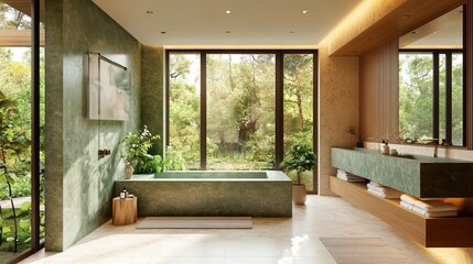 Fototapeta premium Elegant Bathroom Design: Embrace Nature with Natural Stone & Soft Green Hues – Perfect Poster for a Tranquil Spa-Inspired Interior