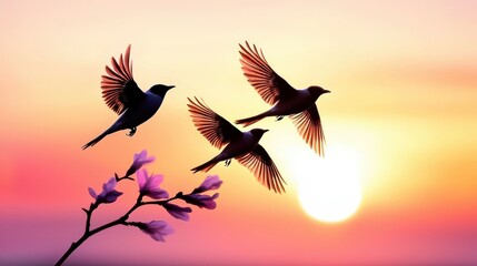 Majestic Sunset Silhouette: Flock of Birds Soaring in Dazzling Evening Sky