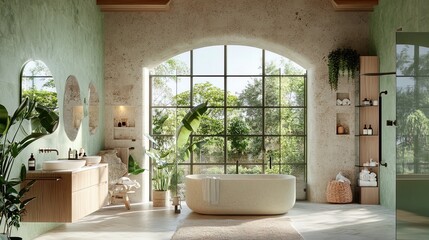 Fototapeta premium Elegant Bathroom Design: Embrace Nature with Natural Stone & Soft Green Hues – Perfect Poster for a Tranquil Spa-Inspired Interior