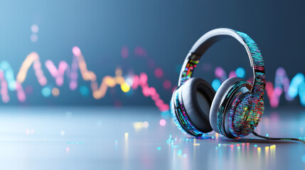 A pair of colorful headphones with a colorful background
