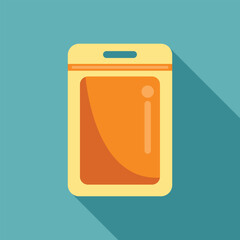 Blank orange sealed foil packaging for snack or food preservation with hang slot in flat design with long shadow