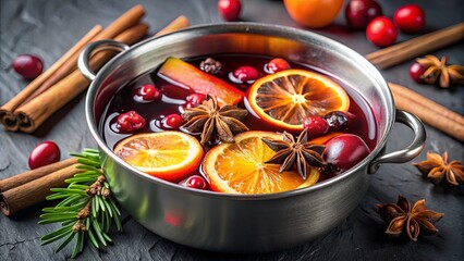 A close-up image of mulled wine simmering in a pot with a variety of spices added