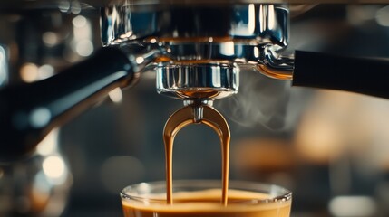 Espresso being poured from a coffee maker in close-up. Expert coffee brewing