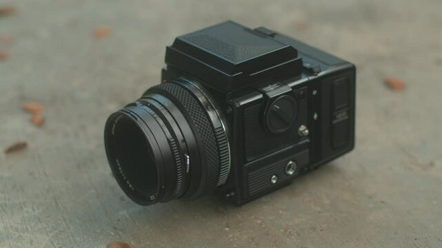 A Vintage Camera Positioned on a Surface that is Beautifully Surrounded by Colorful Leaves