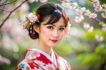 Japanese woman in kimono with cherry blossoms portrait