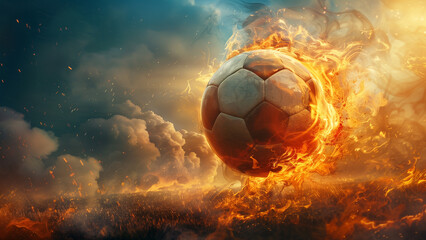 Fototapeta premium Fiery soccer ball blazes across sky, engulfed in flames and glowing with intense energy