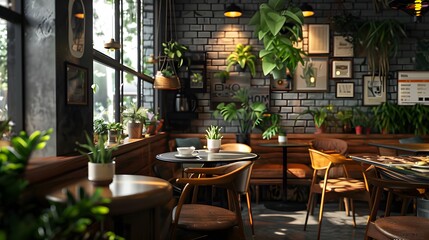 Cozy Cafe Interior with Greenery and Natural Light