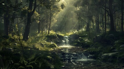 Obraz premium Magical Forest Stream with Sunbeams