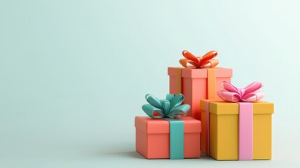 Fototapeta premium Colorful gift boxes stacked together against a pastel background, perfect for celebrations and festive occasions.