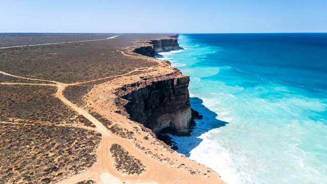 Aerial drone view over The Bight in South Australia along the infamous Nullarbor 