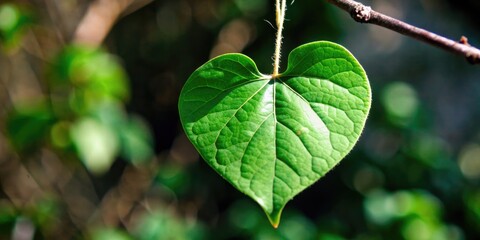 Obraz premium Green leaf shaped heart hanging on branch, symbolizing love for nature, green, leaf, heart, branch, love, nature