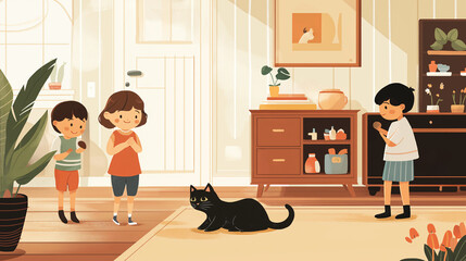 Smiling girl with fluffy kitten sitting on her lap, sharing a moment of playful companionship in a cozy home.