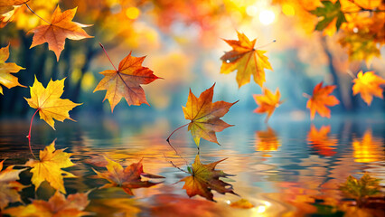 Colorful autumn leaves falling gracefully into a reflective lake.