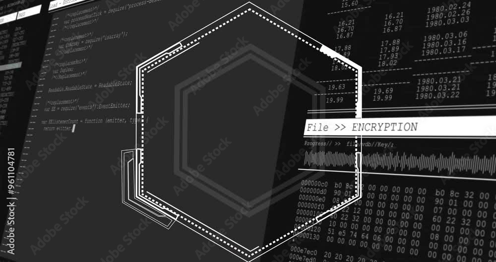Poster file encryption text animation over hexagonal shapes and binary code background