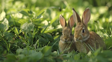 Fototapeta premium In the grassy area two bunnies
