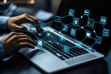 A man using a laptop with a digital document management system interface and documents icon on a transparent screen, representing the concept of business process integration. 