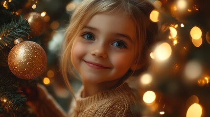 little girl decorating christmas tree