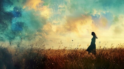 Fototapeta premium Silhouetted woman walking through a field of tall grass under a vibrant, starry sky at sunset.