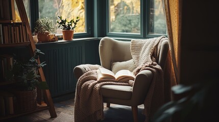 Create a Cozy Reading Nook: Soft Armchair, Light Pillows, and Woolen Blanket – Perfect as a Poster for Inviting Home Decor or Relaxation Space Inspiration!