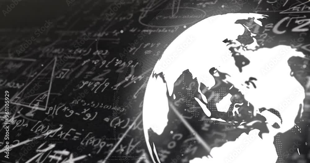 Poster mathematical equations and formulas over rotating globe animation