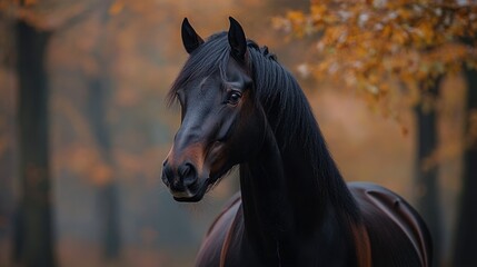 Beautiful black horse posing in autumn landscape