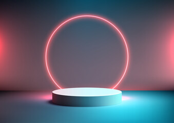 Futuristic 3D Blue Podium with Glowing Red Neon Circle on a Vibrant Blue Backdrop, Perfect for Technology Showcases, Product Display, Mockup