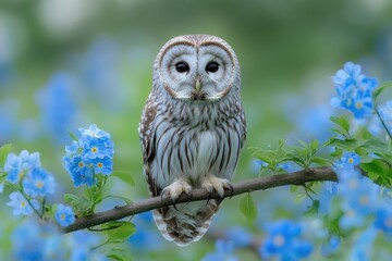 Ural owl standing on branch in blue flowers field