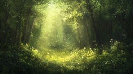 Obraz premium Serene Woodland Clearing with Dappled Sunlight and Lush Foliage