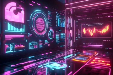Dynamic Holographic Data Interface Showcasing Vibrant Metrics and Analytics in Retrofuturistic