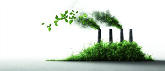 Obraz premium Industrial Chimneys Emitting Green Foliage Symbolizing Eco-Friendly Transformation and Sustainable Energy