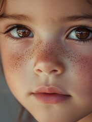Fototapeta premium A young child gazes intensely, showcasing freckles and captivating brown eyes in natural light